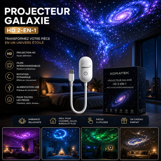 HD galaxy projector with interchangeable films illuminating a starry ceiling in a cozy room.